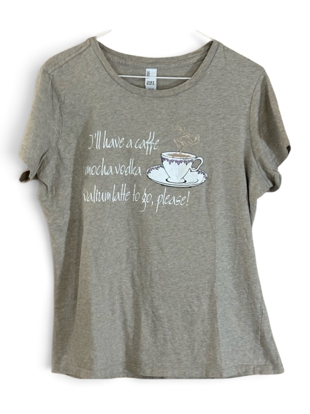“Caffe Mocha Vodka Valium Latte To Go” Graphic Tan Crewneck Tee Top